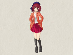  arima_kana bare_legs blush boots closed_mouth commentary english_commentary female hand_in_pocket hat head_tilt highres jacket medium_hair orange_jacket oshi_no_ko red_eyes red_hair red_skirt skirt white_background zenbrush2 