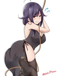  alternate_costume ass black_dress black_thighhighs blush breasts china_dress chinese_clothes dress female hair_between_eyes hair_flaps hair_ornament highres kantai_collection large_breasts long_hair looking_at_viewer no_shoes one-hour_drawing_challenge purple_hair red_eyes saku_(kudrove) simple_background soles solo taigei_(kancolle) thighhighs thighs white_background 