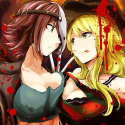  2girls :p a_nightmare_on_elm_street ahoge bishoujo_terror black_bra blonde_hair blood blood_splatter blue_eyes bra breast_contest breast_press breasts brown_hair brown_headwear brown_jacket claws cleavage collarbone commentary_request covered_nipples face-to-face fedora freddy_krueger freddy_krueger_(bishoujo_terror) friday_the_13th frown genderswap_(mtf) green_eyes green_tank_top hat highres hockey_mask jacket jason_voorhees jason_voorhees_(kotobukiya_bishoujo) kotobukiya_bishoujo large_breasts leather leather_jacket long_hair looking_at_another mask mask_on_head midriff multiple_girls open_clothes open_jacket photoshop_(medium) rule_63 shirt short_hair striped_clothes striped_shirt symmetrical_docking tank_top tongue tongue_out torn_clothes torn_shirt underwear upper_body watarui 