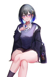  :o absurdres bag black_hair black_jacket blue_hair blue_necktie breasts brown_skirt candy collared_shirt colored_inner_hair crossed_legs dress_shirt earrings feet_out_of_frame female food gradient_hair hair_between_eyes hair_ornament hairpin highres ichinose_uruha invisible_chair jacket jewelry light_blue_hair lollipop long_sleeves looking_at_viewer lupinus_virtual_games medium_breasts miniskirt multicolored_hair necklace necktie off_shoulder open_clothes open_jacket panties plaid plaid_skirt pleated_skirt purple_eyes purple_vest sanada_nagi school_bag school_uniform shirt short_hair side-tie_panties simple_background sitting skirt solo star_(symbol) star_earrings streaked_hair thighs underwear vest virtual_youtuber vspo! white_background white_shirt wing_collar 