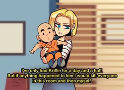  1boy android_18 bald blonde_hair blue_eyes bob_cut brooklyn_nine-nine dragon_ball dragon_ball_z earrings english_text facial_mark female forehead_mark i&#039;ve_only_had_arlo_for_a_day_and_a_half_(meme) jewelry kuririn meme mini_person miniboy nortuet parody straight subtitled symbol-shaped_pupils 