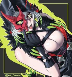  absurdres breasts cleavage detached_sleeves diabellstar_the_black_witch dress duel_monster fangs fangs_out female gloves green_eyes green_hair half_mask highres hood hood_up just_dreamo large_breasts mask multicolored_hair pale_skin red_mask smile solo tongue tongue_out yu-gi-oh! 