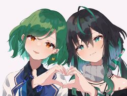  2girls :3 bad_id bad_twitter_id bare_shoulders black_collar black_hair choker collar commentary earrings green_eyes green_hair grey_collar head_tilt heart heart_hands heart_hands_duo highres itoi_(1_10_1_) jewelry kitakoji_hisui kitakoji_hisui_(1st_costume) long_hair long_neck long_sleeves looking_at_viewer multicolored_hair multiple_girls neck_warmer nijisanji nijisanji_kr off-shoulder_shirt off_shoulder open_mouth orange_eyes portrait school_uniform shin_yuya shin_yuya_(1st_costume) shirt short_hair smile streaked_hair swept_bangs upper_body virtual_youtuber white_background white_shirt 