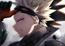  1boy armor bakugou_katsuki black_gloves blonde_hair boku_no_hero_academia clenched_teeth eye_mask gloves gradient_background grey_background hand_up koyoka male_focus parted_lips portrait red_eyes red_gloves solo teeth twitter_username 