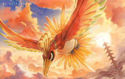  animal_focus artist_name bird blue_sky brown_eyes cloud cloudy_sky commentary_request day ecruteak_city flying full_body ho-oh md5_mismatch mei_ford no_humans photoshop_(medium) pokemon pokemon_(creature) serious sky solo tower 