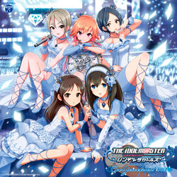  5girls album_cover armpits asymmetrical_sleeves black_hair blue_choker blue_footwear blue_skirt blue_sleeves breasts brown_eyes brown_hair choker cleavage collarbone copyright_name cover crown detached_sleeves grey_hair hair_between_eyes hairband hayami_kanade headset high_heels highres holding holding_microphone idolmaster idolmaster_cinderella_girls jewelry kurogoma long_hair long_sleeves looking_at_viewer medium_breasts microphone mini_crown miniskirt multicolored_hair multiple_girls ninomiya_asuka official_art orange_hair parted_bangs pencil_skirt pendant pink_hair pumps purple_eyes sagisawa_fumika shiomi_syuko short_hair single_sleeve sitting skirt stage tachibana_arisu two-tone_hair uneven_sleeves white_hairband white_sleeves 