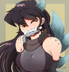  biting black_hair breasts brown_eyes female giant giantess godzilla godzilla_(1998) godzilla_(series) kaijuu large_breasts lifting_vehicle long_hair monster_girl motor_vehicle mouth_hold one_eye_closed personification raps_(yohomeboyraps) reptile_girl semi_truck size_difference solo_focus trailer truck turtleneck zilla 