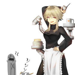  1other ahoge alternate_costume ambiguous_gender apron arknights black_sweater blonde_hair breasts cake coffee_mug countdown cup doctor_(arknights) enmaided female food highres holding holding_phone large_breasts maid maid_apron mayer_(arknights) meeboo_(arknights) mug najashi phone sweater white_background 