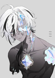  ... 1boy alternate_skin_color amputee bishounen black_hair blade_(nu_carnival) citi_(shirosora) cracked_skin dark-skinned_male dark_skin gem hair_over_eyes highres hole_in_chest hole_in_ears hole_in_head hole_on_body hollow_body long_hair looking_at_viewer low_ponytail male_focus multicolored_hair nu_carnival pectorals purple_eyes streaked_hair white_hair 