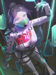  animification apex_legends black_background black_hair blood blood_bag blue_eyes bodysuit breasts cable female floating_hair from_above gloves grey_gloves hair_bun highres looking_at_viewer mask medium_breasts mouth_mask official_alternate_costume parted_bangs peso_(honopesopeso) quarantine_722_wraith single_hair_bun solo white_bodysuit wraith_(apex_legends) 