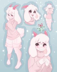  4:5 anthro blush bovid caprine closed_eyes clothing deltarune digital_media_(artwork) embarrassed femboy goat hair legwear looking_aside looking_up male mammal mistletoe pink_hair plant ralsei simple_background smile solo stockings sweater topwear undertale_(series) valeria_fills white_hair 