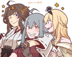  3girls ahoge arm_around_shoulder bare_shoulders betchan black_bow blonde_hair bow braid breasts brown_hair crown detached_sleeves double_bun dress flower_(symbol) gangut_(kancolle) gangut_dva_(kancolle) grey_hair hair_bun hair_ornament hairband half_up_braid headgear japanese_clothes jewelry kantai_collection kongou_(kancolle) kongou_kai_ni_(kancolle) mini_crown multiple_girls necklace nontraditional_miko off-shoulder_dress off_shoulder one_eye_closed open_mouth purple_eyes red_eyes red_shirt ribbon-trimmed_sleeves ribbon_trim scar scar_on_cheek scar_on_face shirt skirt smile star_(symbol) warspite_(kancolle) 