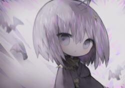  ahoge animal bad_id bad_pixiv_id bat_(animal) black_robe brown_scarf chibi commentary_request cottontailtokki female hair_between_eyes hair_ornament hand_up long_sleeves looking_at_viewer parted_lips purple_eyes purple_hair robe scarf shadowverse shingeki_no_bahamut solo spinaria_(shadowverse) upper_body wide_sleeves 