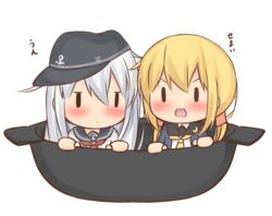  2girls anchor_symbol black_sailor_collar blonde_hair blue_jacket chibi commentary crescent crescent_pin flat_cap grey_hair hat hibiki_(kancolle) in_container in_pot jacket kantai_collection long_hair low_twintails multiple_girls neckerchief necktie nepty_(silkey_vod) oversized_object pot red_neckerchief sailor_collar satsuki_(kancolle) satsuki_kai_ni_(kancolle) school_uniform serafuku simple_background solid_oval_eyes translated twintails white_background yellow_necktie 