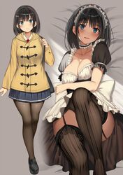  bag bed_sheet black_dress black_footwear black_hair black_legwear black_panties blue_eyes blue_skirt breasts choker cleavage coat collarbone commentary_request dress duffel_coat female frilled_choker frills garter_straps hood hood_down knee_up kureha_(ironika) loafers looking_at_viewer lying maid maid_headdress medium_breasts medium_hair miniskirt multiple_views on_back open_mouth original panties panty_peek pantyhose pleated_skirt shoes shoulder_bag skirt smile standing tsubasa_(kureha) undershirt underwear 