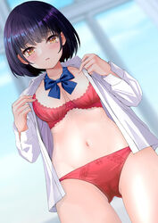  black_hair blurry blurry_background blush bob_cut bra breasts brown_eyes collarbone collared_shirt commentary female highres indoors iwanishi long_sleeves looking_at_viewer navel open_clothes open_shirt original panties parted_lips red_bra red_panties school_uniform shirt smile solo standing stomach thigh_gap underwear white_shirt window 