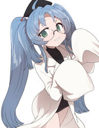  black_dress black_hat blue_hair cowboy_shot dress female freckles glasses green_eyes hands_up hat hiraga_gennai_(sengoku_collection) lab_coat long_hair long_sleeves looking_at_viewer round_eyewear semi-rimless_eyewear sengoku_collection short_dress simple_background sleeves_past_fingers sleeves_past_wrists smile solo standing sumiyao_(amam) twintails under-rim_eyewear very_long_hair white_background 