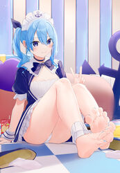  anchor anchor_symbol apple_juice arm_support ass blue_bow blue_bowtie blue_choker blue_eyes blue_nails blue_ribbon blush bow bowtie breasts choker cleavage closed_mouth cosplay feet female full_body hair_between_eyes hair_ribbon hand_up highres hololive hoshimachi_suisei indoors juice knees_up kou_futoshi legs looking_at_viewer maid_headdress minato_aqua minato_aqua_(1st_costume) minato_aqua_(cosplay) nail_polish on_ground paid_reward_available panties puffy_short_sleeves puffy_sleeves ribbon shadow shoes short_sleeves side_ponytail sitting small_breasts smile socks soles solo spread_toes star_(symbol) star_in_eye sweatdrop symbol_in_eye tile_floor tiles toenail_polish toenails toes underwear unworn_shoes unworn_socks v virtual_youtuber white_panties white_socks wrist_cuffs 