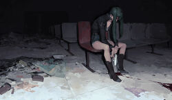  belt black_legwear blood blood_on_face boots bullet chair chinese_commentary collarbone commentary_request debris denim denim_shorts earrings female fj_wu_cheng&#039;en green_hair gun handgun hatsune_miku highres holding holding_gun holding_weapon indoors jewelry long_hair photoshop_(medium) rubble shell_casing shorts sig_sauer sig_sauer_p230 single_earring sitting slouching solo twintails vocaloid weapon zipper zipper_pull_tab 