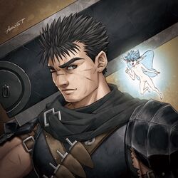  1boy armor azusa_tanaka berserk black_eyes black_hair blue_eyes blue_hair brown_background closed_mouth completely_nude dragonslayer_(sword) fairy guts_(berserk) holding holding_sword holding_weapon index_finger_raised male_focus no_penis nude one_eye_closed pointy_ears puck_(berserk) scar short_hair shoulder_armor signature spiked_hair sword weapon 