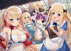  5girls apron azur_lane black_bow blonde_hair blue_dress blue_eyes bow breasts cleavage cup detached_sleeves dress frilled_apron frills gradient_hair hair_ornament hair_over_one_eye hairbow highres holding holding_tray howe_(azur_lane) howe_(pastry_princess)_(azur_lane) icarus_(at_your_service)_(azur_lane) icarus_(azur_lane) instrument itaba_atsushi juliet_sleeves large_breasts long_hair long_sleeves maid maid_headdress medium_hair meowfficer_(azur_lane) multicolored_hair multiple_girls music oerba_yun_fang official_alternate_costume open_mouth penelope_(azur_lane) penelope_(salty_maid)_(azur_lane) playing_instrument puffy_sleeves purple_eyes purple_hair queen_elizabeth_(azur_lane) queen_elizabeth_(yes_your_maidness!)_(azur_lane) round_table short_sleeves skin_fang southampton_(afternoon_impromptu)_(azur_lane) southampton_(azur_lane) table tea_party teacup teapot tray very_long_hair violin white_apron wrist_cuffs x_hair_ornament 