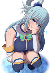  aqua_(konosuba) bare_shoulders blue_eyes blue_hair blush breasts cleavage female hair_between_eyes highres kneeling kono_subarashii_sekai_ni_shukufuku_wo! large_breasts long_hair long_sleeves looking_at_viewer miniskirt ponponmaru ponytail skirt sleeves_past_elbows smile solo_focus thick_thighs thighhighs thighs white_sleeves wide_hips 