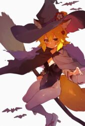  animal_ear_fluff animal_ears bat_(animal) black_leotard blonde_hair bloom blush cloak female flower fox_ears fox_girl fox_tail hair_between_eyes hair_flower hair_ornament halloween hat hat_flower leotard official_art pantyhose ribbon_trim rimukoro senko_(sewayaki_kitsune_no_senko-san) sewayaki_kitsune_no_senko-san short_hair solo tail white_pantyhose witch_hat yellow_eyes 