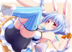  alternate_costume animal_ear_fluff animal_ears armpits ass bare_shoulders bike_shorts blue_hair blue_thighhighs blush braid bridal_garter carrot_hair_ornament closed_mouth commentary_request female food-themed_hair_ornament from_below gloves hair_ornament highres hololive hololive_idol_uniform idol_clothes long_hair nanaume_(shichimi_tougarashi) official_alternate_costume rabbit_ears sidelocks single_thighhigh skirt smile solo striped_clothes striped_thighhighs symbol-shaped_pupils thick_eyebrows thighhighs twintails usada_pekora virtual_youtuber white_gloves yellow_eyes 