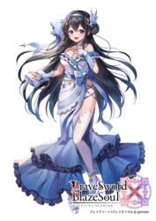  beads black_hair blue_eyes blush brave_sword_x_blaze_soul breasts character_request chyoling cleavage dress female frills full_body large_breasts long_hair looking_at_viewer mabinogion_(brave_sword_x_blaze_soul) official_art open_mouth smile solo translation_request white_dress 