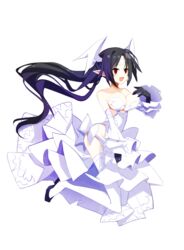  bare_shoulders black_gloves black_hair breasts choker cleavage commentary detached_sleeves disgaea dress earrings female gloves head_wings highres jewelry large_breasts long_hair makai_senki_disgaea_6 melodia_(disgaea) nanozenzen pointy_ears red_eyes simple_background smile solo thighhighs transparent_background white_choker white_dress white_sleeves white_thighhighs wings 