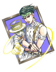  2boys bad_id bad_pixiv_id diamond_wa_kudakenai dyresbroom earrings framed green_eyes green_hair green_lips headband heaven&#039;s_door holding holding_pen jewelry jojo_no_kimyou_na_bouken kishibe_rohan male_focus midriff multiple_boys pen pointing stand_(jojo) suspenders through_medium through_painting 