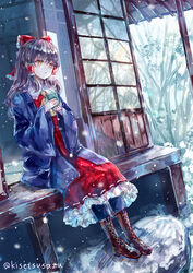  absurdres ascot black_hair blush boots bow brown_eyes brown_footwear cross-laced_footwear cup female full_body hair_between_eyes hair_tubes hairbow hakurei_reimu highres holding holding_cup japanese_clothes lace-up_boots long_hair nontraditional_miko red_bow red_skirt sidelocks sitting skirt snow snowing solo suzushina touhou twitter_username veranda yellow_ascot 