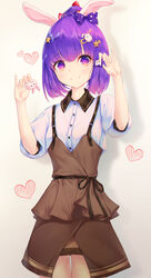  animal_ears bad_id bad_pixiv_id bow breasts brown_background brown_skirt closed_mouth collared_shirt dress_shirt drop_shadow female h2o_(dfo) hair_ornament hairbow hairclip hands_up heart highres holding looking_at_viewer original polka_dot polka_dot_bow purple_bow purple_eyes purple_hair rabbit_ears shirt short_hair skirt small_breasts smile solo star_(symbol) star_hair_ornament suspenders white_shirt 