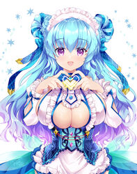  angelic_link beelzebub_(angelic_link) blue_hair breasts cleavage cleavage_cutout clothing_cutout commentary female heart heart_hands highres hinata_momo large_breasts long_hair looking_at_viewer maid_headdress sideboob simple_background skindentation solo star_(symbol) symbol-only_commentary white_background 