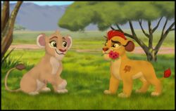  2020 black_border border disney duo felid female feral flower fur hi_res kaion kion_(the_lion_guard) lion male mammal on_model pantherine plant tattoo the_lion_guard the_lion_king tiifu_(the_lion_guard) young young_feral 