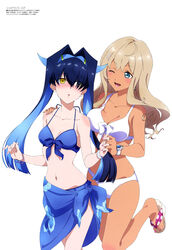  2girls :d :o absurdres bikini black_hair blue_bikini blue_eyes blue_hair blue_sarong bracelet breasts cleavage collarbone feet feet_out_of_frame floral_print foot_out_of_frame hair_between_eyes hair_over_one_eye hand_on_another&#039;s_shoulder highres holding_hands ikumi_seira_(shadowverse_flame) jewelry legs looking_at_another looking_at_viewer medium_breasts megami_magazine miki_shinobu_(shadowverse_flame) multicolored_hair multiple_girls nail_polish nakashige_shunsuke navel official_art one_eye_closed open_mouth print_sarong sandals sarong scan shadowverse shadowverse_(anime) shadowverse_flame sidelocks simple_background small_breasts smile standing standing_on_one_leg swimsuit toenail_polish toenails two-tone_hair white_background white_bikini yellow_eyes 