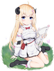  absurdres ahoge animal_ears bad_id bad_pixiv_id bare_shoulders black_footwear black_skirt black_sleeves blonde_hair blue_eyes boots bow braid breasts bug butterfly closed_mouth commentary_request curled_horns detached_sleeves dress ears_visible_through_hair female fur-trimmed_boots fur-trimmed_dress fur-trimmed_sleeves fur_collar fur_trim fuyuki030 grass hair_ornament hairclip half_updo harp highres holding holding_instrument hololive horns instrument long_hair long_sleeves medium_breasts on_grass red_bow sheep_ears sheep_girl sheep_horns sitting skirt sleeveless sleeveless_dress smile solo tsunomaki_watame tsunomaki_watame_(1st_costume) very_long_hair virtual_youtuber wariza white_background white_dress white_sleeves 