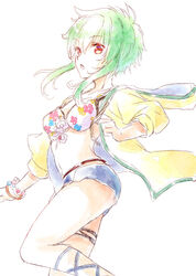  asellus_(saga_frontier) bikini bikini_top_only bracelet breasts cross-laced_clothes cross-laced_legwear female green_hair hood hoodie jewelry looking_at_viewer no_s open_mouth saga saga_frontier short_hair shorts simple_background solo swimsuit white_background 