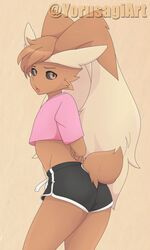  2022 3:5 ambiguous_gender anthro ass athletic_wear black_sclera bottomwear brown_body brown_fur butt_pose clothing crop_top fur generation_4_pokemon gym_bottomwear gym_shorts lagomorph looking_at_viewer lopunny mammal midriff multicolored_body multicolored_fur nintendo open_mouth pink_clothing pink_eyes pink_shirt pink_topwear pokemon pokemon_(species) pose shirt shorts simple_background solo tan_body tan_fur topwear two_tone_body two_tone_fur yorusagi 