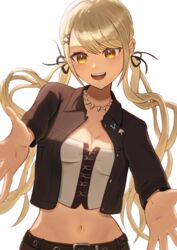  :d absurdres belt black_jacket black_ribbon black_shorts blonde_hair breasts brown_belt crop_top dark-skinned_female dark_skin female gyaru hair_ornament hair_ribbon highres jacket jewelry kaminari_qpi kaminari_qpi_(3rd_costume) kisaragi_edda long_hair looking_at_viewer medium_breasts midriff navel necklace orange_eyes outstretched_arms ribbon shorts simple_background smile solo spiked_necklace swept_bangs tank_top tooth_necklace very_long_hair virtual_youtuber vspo! white_background white_tank_top x_hair_ornament 