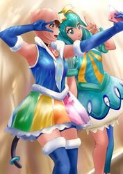  2girls actress against_wall anigurum aqua_eyes aqua_hair armpits blue_gloves blue_thighhighs blush bodysuit breasts brown_hair cellphone collar cosplay costume cure_cosmo cure_milky dress elbow_gloves gloves highres holding holding_phone idol indoors kigurumi large_breasts long_hair mask mask_on_head multicolored_clothes multicolored_dress multicolored_legwear multicolored_skirt multiple_girls open_mouth pantyhose phone precure see-through see-through_sleeves selfie short_hair skirt smartphone smile star_twinkle_precure tail thighhighs tutu v yellow_eyes 