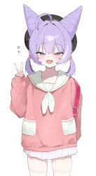  absurdres ahoge animal_ears arm_behind_back black_hat blue_eyes commentary_request cone_hair_bun cowboy_shot double_bun female fox_ears fox_girl gamble_0 hair_bun hair_ears hair_intakes hand_up hat heterochromia highres korean_commentary looking_at_viewer low_twintails miniskirt multicolored_hair neckerchief oerba_yun_fang petite pink_shirt purple_hair sailor_collar shirt short_twintails simple_background skin_fang skirt solo stellive streaked_hair sweat tenko_shibuki thighhighs twintails v virtual_youtuber white_background white_neckerchief white_sailor_collar white_skirt white_streaks white_thighhighs yellow_eyes zettai_ryouiki 