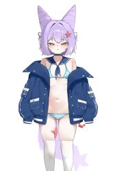  absurdres animal_ears animal_on_leg bare_shoulders bikini blue_bikini blue_choker blue_eyes blue_jacket blue_neckerchief blue_sailor_collar choker commentary_request cone_hair_bun crab double_bun feet_out_of_frame female flat_chest fox_ears fox_girl fox_tail gamble_0 hair_bun hair_ears hair_intakes hair_ornament heterochromia highres jacket korean_commentary looking_at_viewer multicolored_hair navel neckerchief open_clothes open_jacket petite purple_hair purple_tail sailor_collar short_hair simple_background sleeves_past_fingers sleeves_past_wrists solo starfish starfish_hair_ornament stellive stomach streaked_hair striped_bikini striped_clothes swimsuit tail tenko_shibuki thighhighs virtual_youtuber white_background white_bikini white_streaks white_thighhighs yellow_eyes 