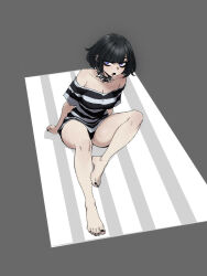  barefoot black_background black_collar black_hair breasts cleavage collar commentary eyebrows_hidden_by_hair female from_above full_body highres johnnyjoe knee_up large_breasts looking_at_viewer makeup mat medium_hair nail_polish off-shoulder_shirt off_shoulder open_mouth original purple_hair shirt sitting solo spiked_collar spikes striped_clothes striped_shirt toenail_polish toenails toes 