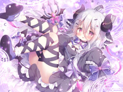  ankle_lace-up black_dress black_jacket commentary_request demon_girl demon_horns double-parted_bangs dress frilled_dress frills grey_hair hair_between_eyes high_heels holding holding_polearm holding_weapon horns jacket koakuma_(monster_company) long_hair long_hair_between_eyes long_sleeves momozu_komamochi monster_company open_clothes open_jacket pink_eyes polearm purple_shoes shoes short_dress sleeves_past_fingers sleeves_past_wrists socks trident twitter_username weapon white_socks 