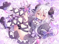  ankle_lace-up black_dress black_jacket commentary_request demon_girl demon_horns double-parted_bangs dress frilled_dress frills grey_hair hair_between_eyes high_heels holding holding_polearm holding_weapon horns jacket koakuma_(monster_company) long_hair long_hair_between_eyes long_sleeves momozu_komamochi monster_company open_clothes open_jacket pink_eyes polearm purple_shoes shoes short_dress sleeves_past_fingers sleeves_past_wrists socks trident twitter_username weapon white_socks 