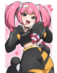  absurdres black_eyes black_shirt black_shoes black_shorts commentary_request coral_(pokemon) female highres long_hair looking_at_viewer midriff_peek paypayapple008 pink_hair pokemon pokemon_(anime) pokemon_horizons rotom rotom_phone shirt shoes shorts sleeves_past_fingers sleeves_past_wrists solo twintails 