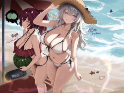  2girls absurdres angelazmo beach bikini black_bikini blue_eyes breasts clam cleavage closed_mouth commentary english_commentary food frilled_bikini frills fruit grey_hair halterneck hat highres holding holding_food holding_fruit jewelry large_breasts long_hair looking_at_viewer multiple_girls navel necklace original sand side-tie_bikini_bottom spoken_food starfish straw_hat string_bikini sun_hat swimsuit triangle_bikini_top water watermelon white_bikini 