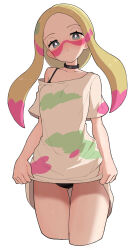  black_collar black_panties blonde_hair bright_pupils collar commentary_request cropped_legs eyelashes facepaint female grey_eyes highres hiyoshipow long_hair looking_at_viewer mina_(pokemon) panties pink_facepaint pokemon pokemon_sun_and_moon shirt short_sleeves sidelocks simple_background solo underwear white_pupils 