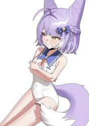  absurdres ahoge animal_ears bare_shoulders blue_bow blue_sailor_collar bow carbonara_(user_jstu7878) commentary cone_hair_bun covered_navel double_bun english_commentary female fox_ears fox_girl fox_tail hair_bun hair_ears hair_intakes hair_rings hairbow highres looking_to_the_side multicolored_hair neckerchief one-piece_swimsuit purple_hair purple_tail red_neckerchief sailor_collar short_hair solo stellive streaked_hair swimsuit tail tenko_shibuki thigh_strap thighs two-tone_tail virtual_youtuber white_one-piece_swimsuit white_streaks white_tail 